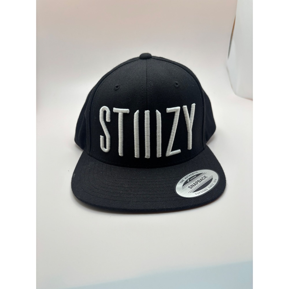 STIIIZY Yupoong Snapback Hat Black White Embroidered Logo Flat Brim Cap